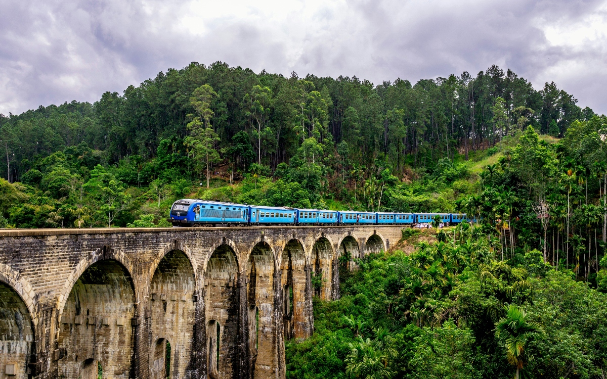 A blue passenger train travels across a multi-arched stone railway viaduct surrounded by lush green hillside vegetation. The weathered brick bridge features approximately nine visible arches and spans across a verdant valley with dense forest, including palm trees and tropical plants. Overcast skies create dramatic lighting over the scenic railway landscape.