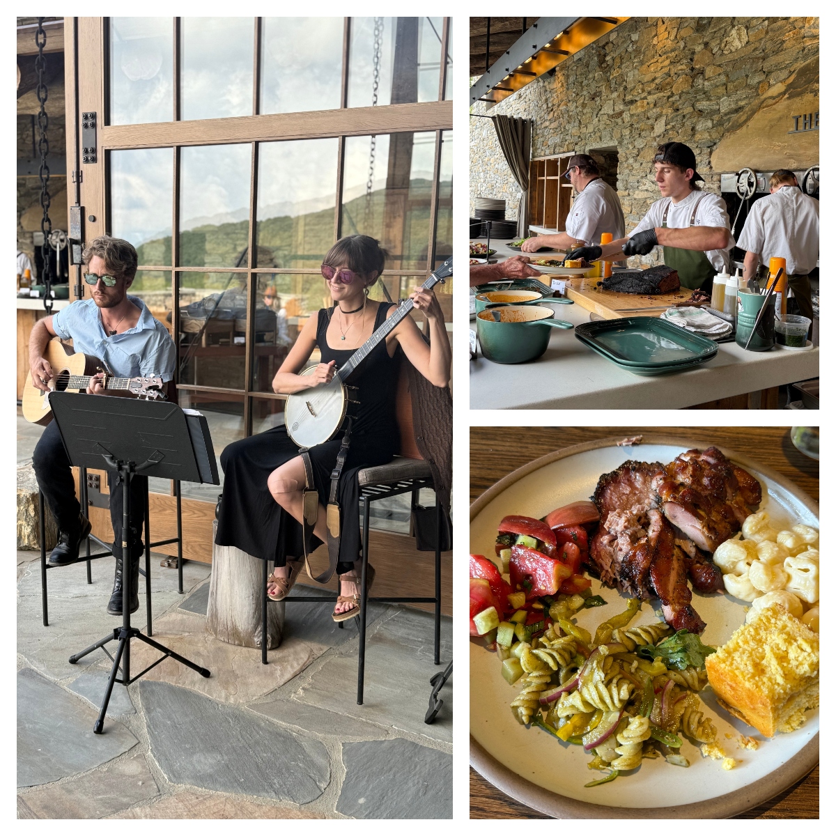 A three-image collage depicting a barbecue event at a rustic stone-walled venue with mountain views. The left image shows two musicians performing with guitar and banjo, while the top right shows staff members serving food at a buffet line. The bottom right image displays a plate of barbecue fare including ribs, pasta salad, corn on the cob, and cornbread.