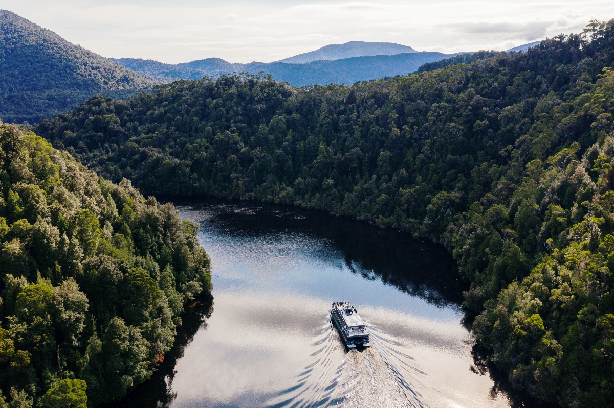 An aerial view shows a passenger vessel traveling down a calm, reflective waterway, creating a distinctive V-shaped wake behind it as it moves through the water. The river or inlet is surrounded by dense, lush green forest that covers the steep hillsides on both sides. Multiple layers of forested mountains extend into the distance under an overcast sky, creating a pristine wilderness landscape.